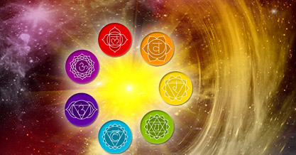Chakra Healing - All seven Chakras rotating around a bright yellow star
