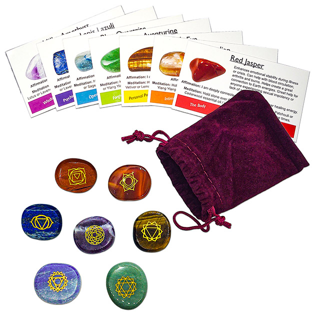Chakra Symbols Engraved Stones with Affirmations, Meditation and Stone Identification Cards - by Deep Healing Light ®